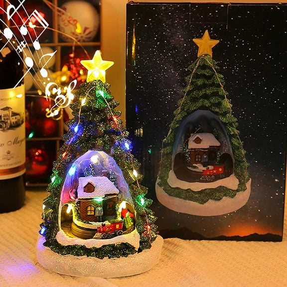 Christmas Village Figurines Musical Snow Globe Christmas Collectible Buildings Decoration with Spinning Train 8 Music & LED Light for Christmas Home Decor Gift Santa Claus