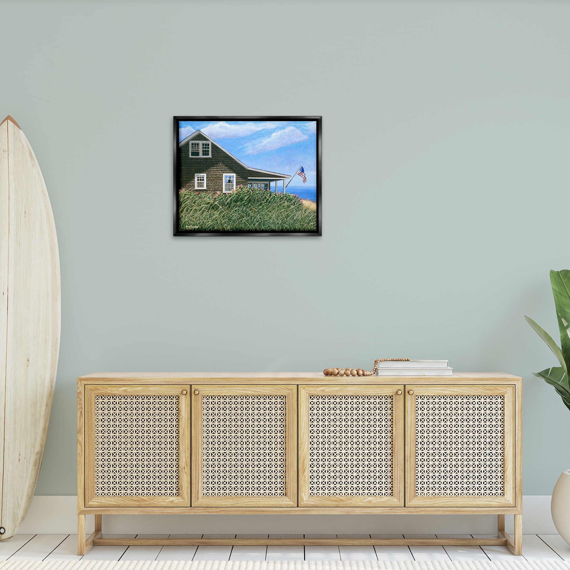 Stupell Industries Cape House with Flag Landscape Painting Black Floater Framed Canvas Art Print Wall Art, 31 x 25
