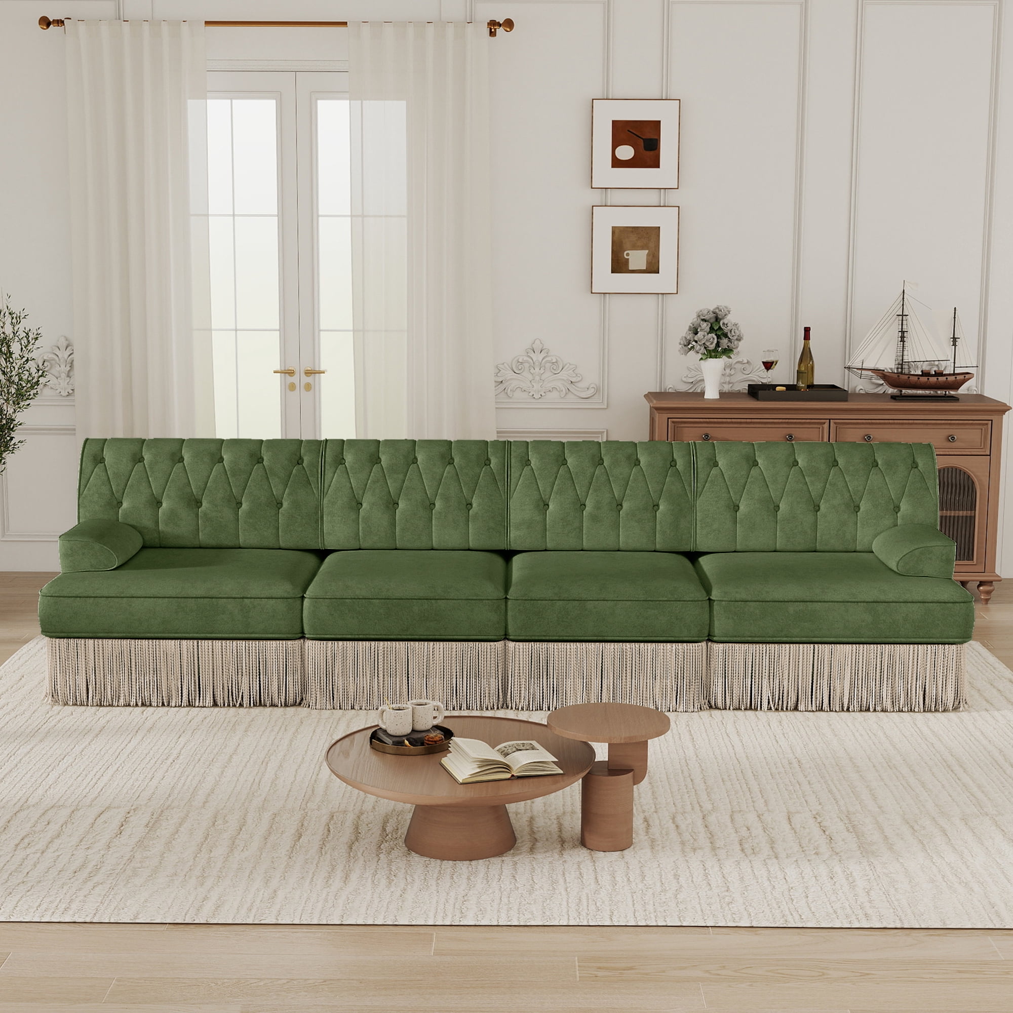 MAYEERTY 135 Inch Chesterfield Sofa, 4-Seater Modular Couch with Tassel, Solid Wood Base for Living Room Home Lounge Space