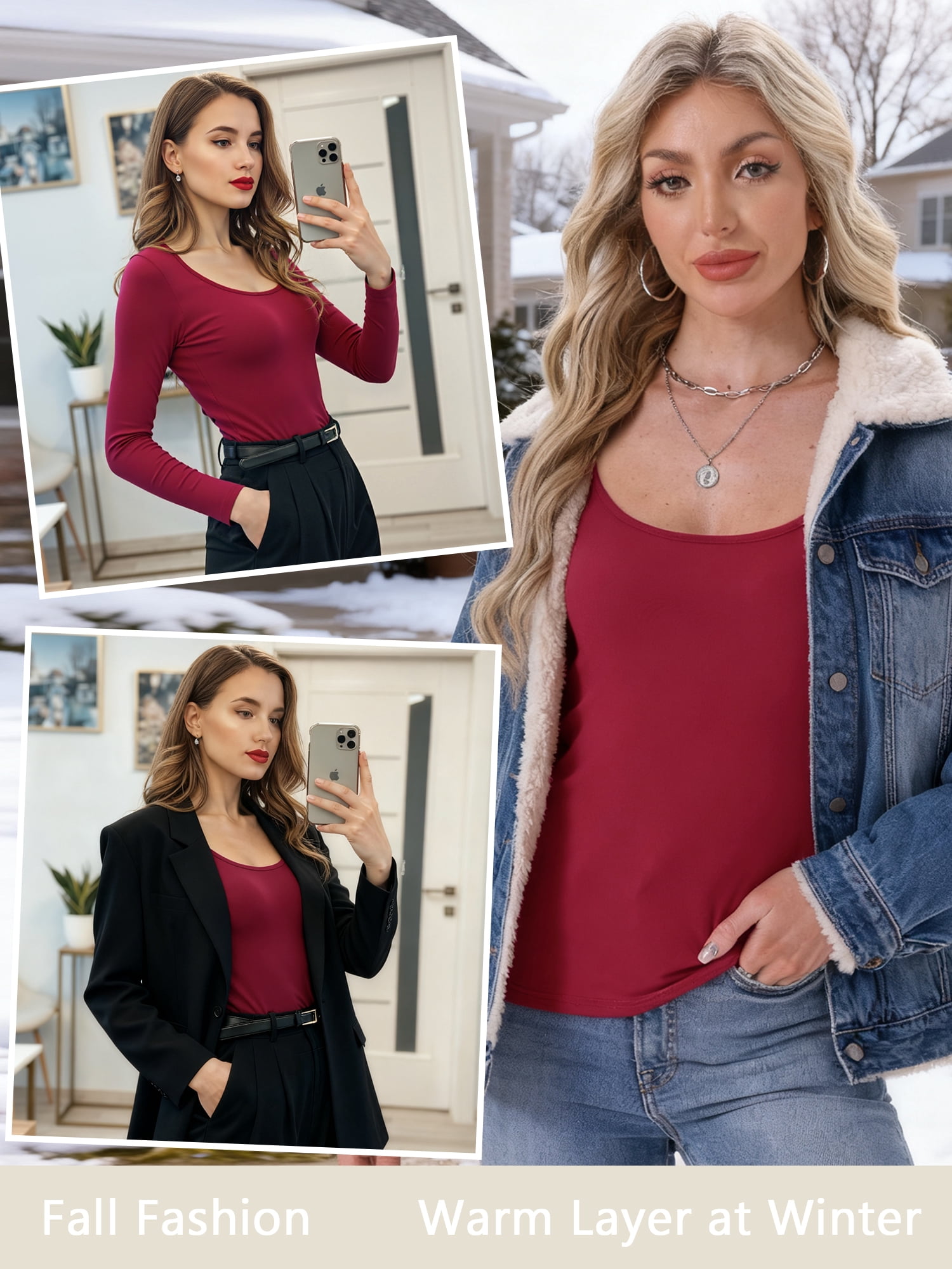 DARING DIVA Women's Scoop Neck Long Sleeve Slim Stretchy Thermal Tee L Red