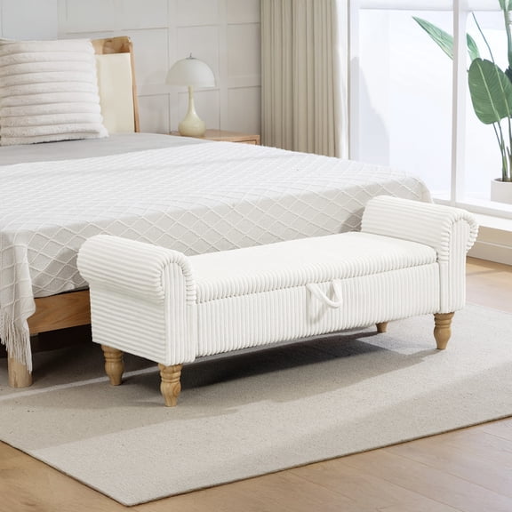 55''W Storage Bench for Queen Bed End of Bed, Mid-Century Corduroy Upholstered Bench with Rolled Armed, White
