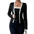 thumbnail image 2 of Women'S Contrast Colorblock Cardigan Vest Two-Piece Set Long Sleeve Cropped Cardigan Striped Shawl Black S, 2 of 8