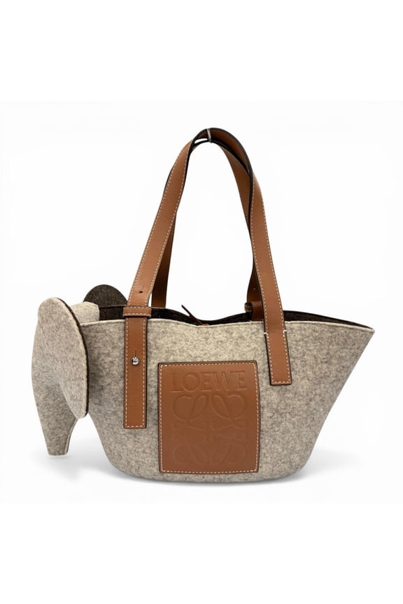 Pre-Owned LOEWE Felt Leather Elephant Basket Anagram Logo Handbag, Gray/Brown, Made in Spain,...