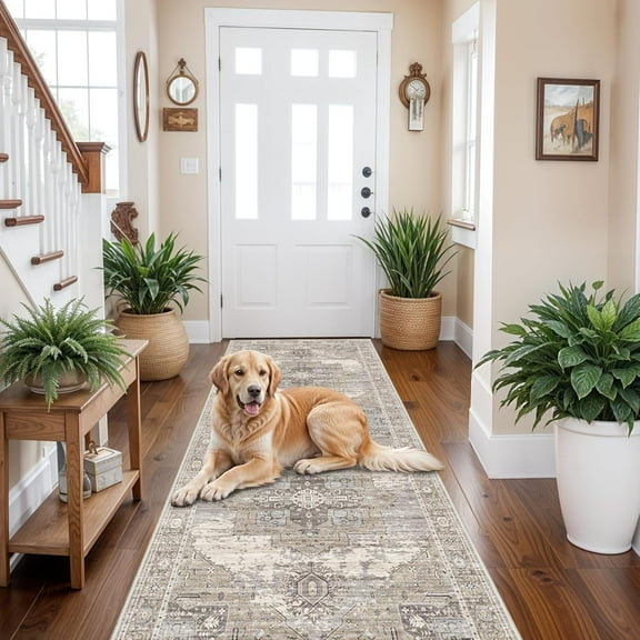 RUUGME Washable 3X8 Runner Rugs - Large Boho Rugs for Living Room Stain Resistant Carpet Vintage Tribal Rugs for Bedroom Kitchen Bathroom Non Slip Backing Home Decor Floor Decoration Mat 3x8 Beige