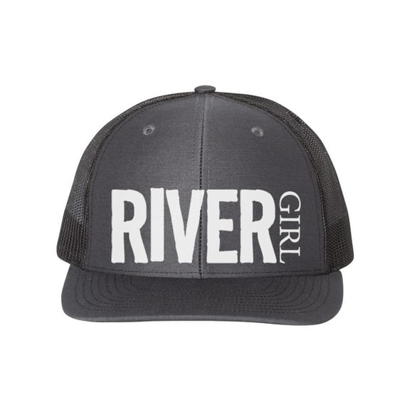 River Girl, River Girl Hat, Fishing Cap, Float Trip Hat, Snapback, Gift For Her, River Apparel, River Hat, Trucker Hat, Floating, White Text, Charcoal/Black