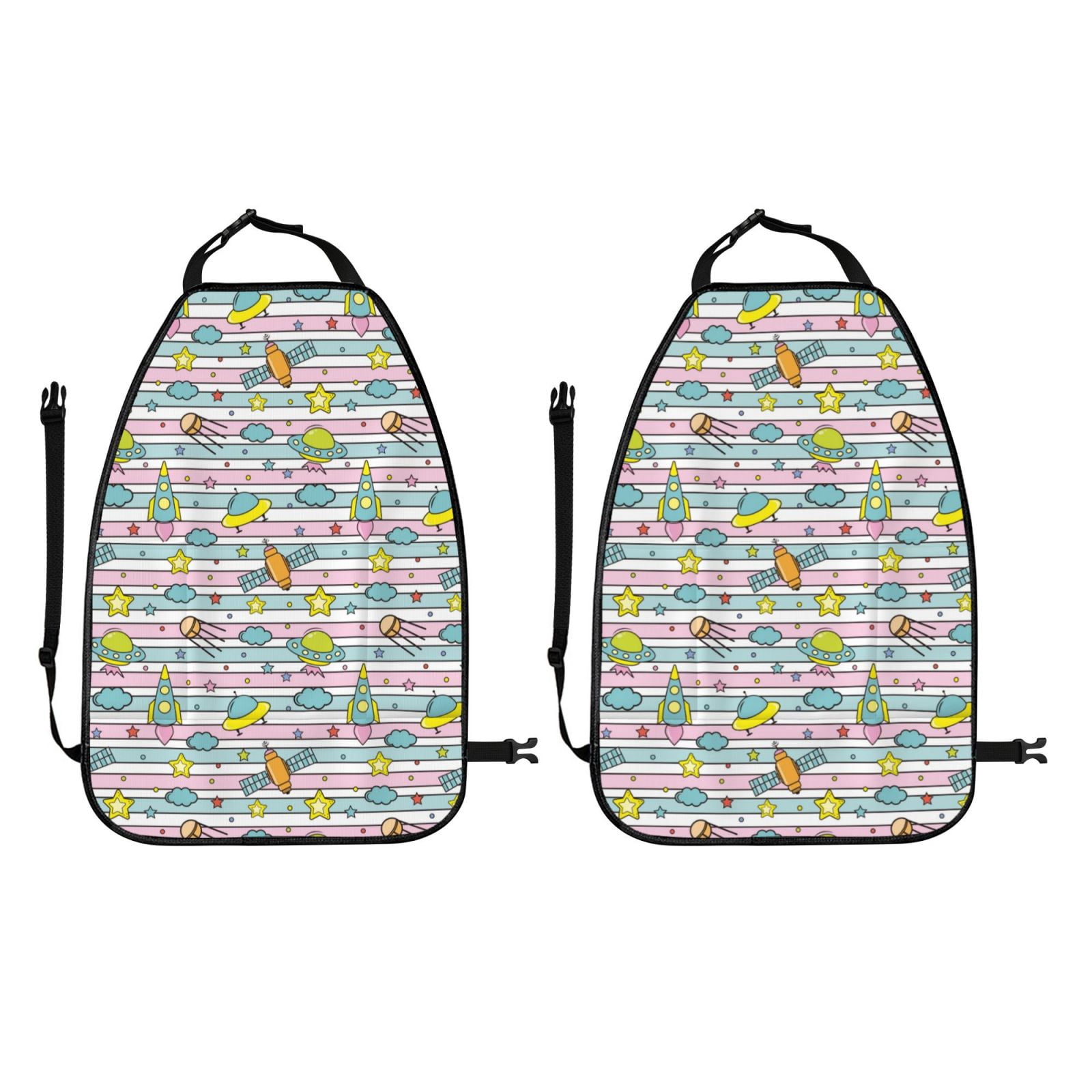 Kdxio Space Doodle Print 2 Pack Car Kick Mat Seat Cover Back Protector Mat with Pockets for Organizer Backseat Protector and Storage Anti Kick Pad for Vehicles