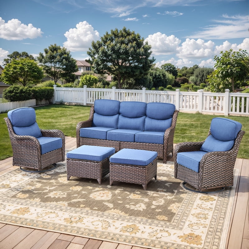 PARKWELL 5 Piece Outdoor Patio Furniture Set,All-Weather High Back Conversation Set with Luxury 6-Inch Thick Cushions,Swivel Glider Chair,7-Seat Furniture Sets for Garden, Deck, Backyard,Brown/Navy