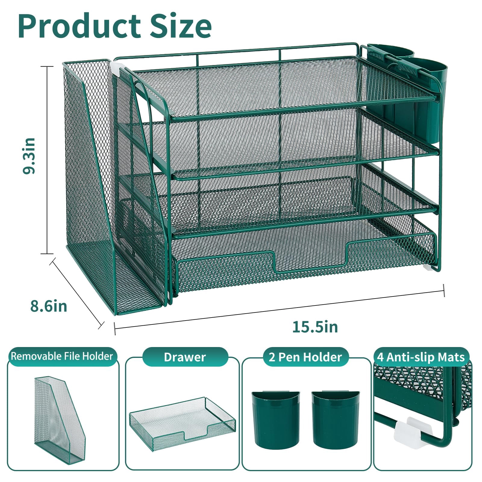 Desk Organizer  4-tier Desktop File With Drawer And 2 Pen Holders Office Accessories Sorters Workspace Organizers For Supplies(dark Green)