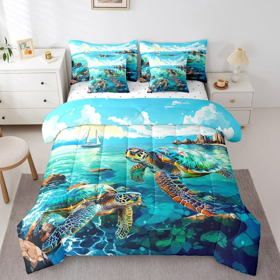 Erosebridal 3D Sea Turtle Bed in a Bag Twin size, Underwater World Bed Set, Animal Sealife Bedding Twin Size, Lightweight Bedroom Decoration, 7pcs