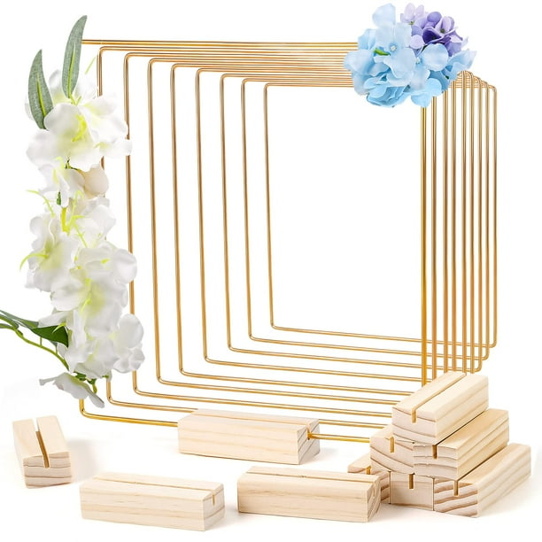 10 piezas de centro de mesa de aro floral de metal cuadrado de 8 pulgadas con soportes de madera, macramé de aro de corona dorada para boda DIY