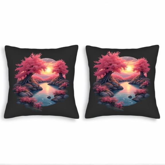 Set of 2 Throw Pillow Covers 18x18in - Vibrant Pink Blossom Design for Couch Bed Car - Serene Landscape Pattern with Sunset Hues