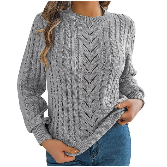 LOVZFMLL Chandails pour Femmes Col Rond Tricot Torsadé Chandail Couleur Unie Basique Décontracté Manches Longues Hauts Chauds Automne Hiver