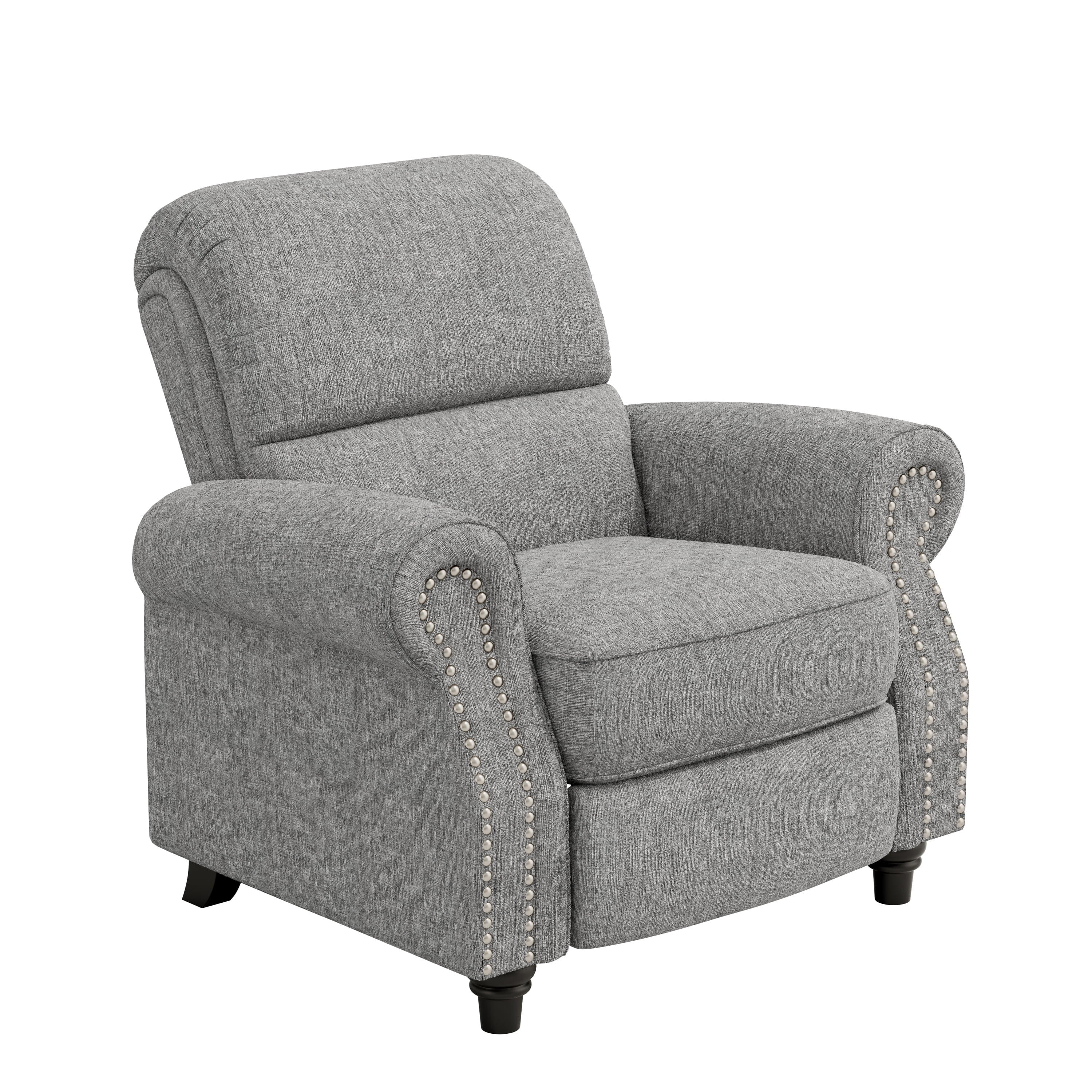 Homesvale Cari Push Back Recliner Chair with Nailheads, Light Gray Polyester, Living Room Recliner