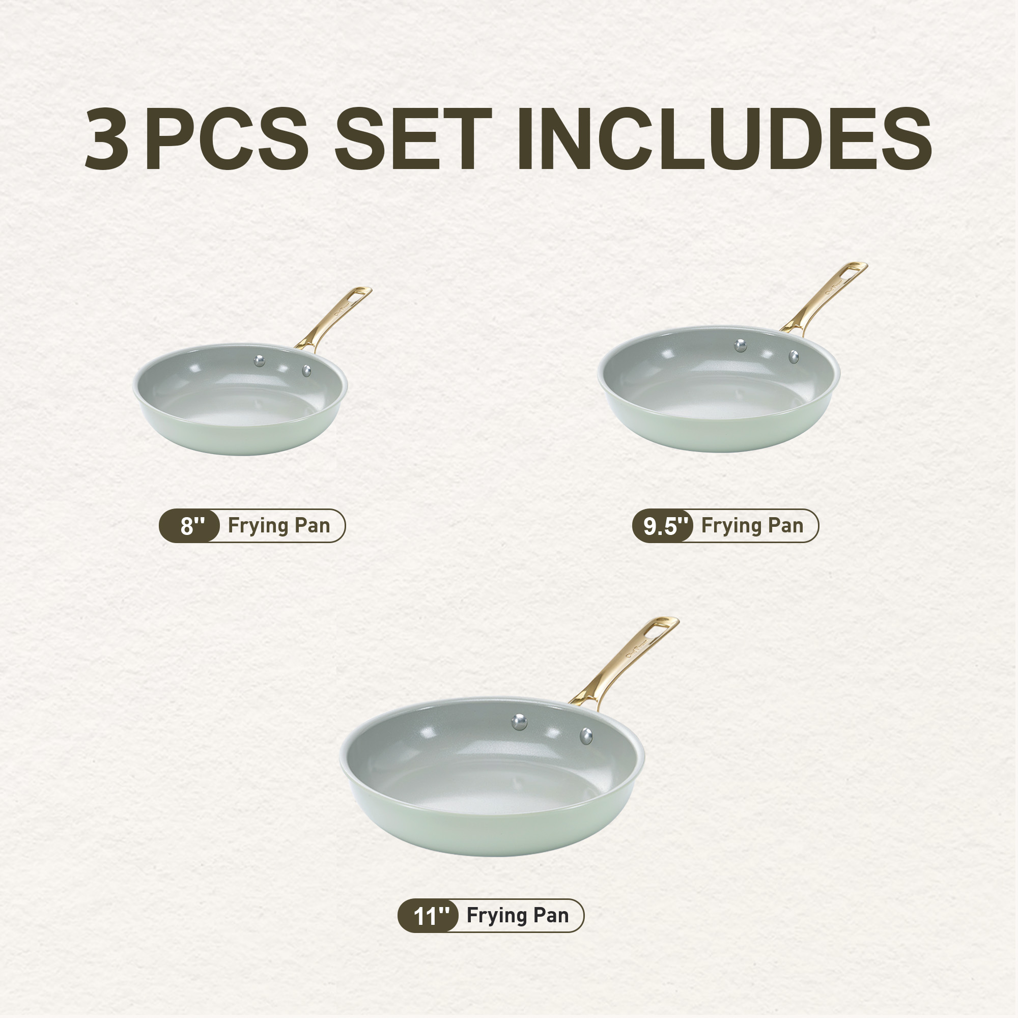 Chef Power 3 Pcs Non-Stick Ceramic Pots and Pans Set, with Stainless Steel Light Gold Handles, Sage Green, Dishwasher and Oven Safe