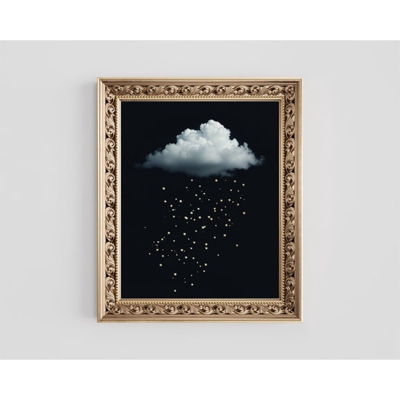Cloud Raining Stars, Gold Foil Print, Dark Academia Wall Art, Vintage Dark Cottagecore, Moody Farmhouse Home Decor, Gothic Abstract Cloud Wall Art, Modern Wall Decor, 16x24 UNFRAMED