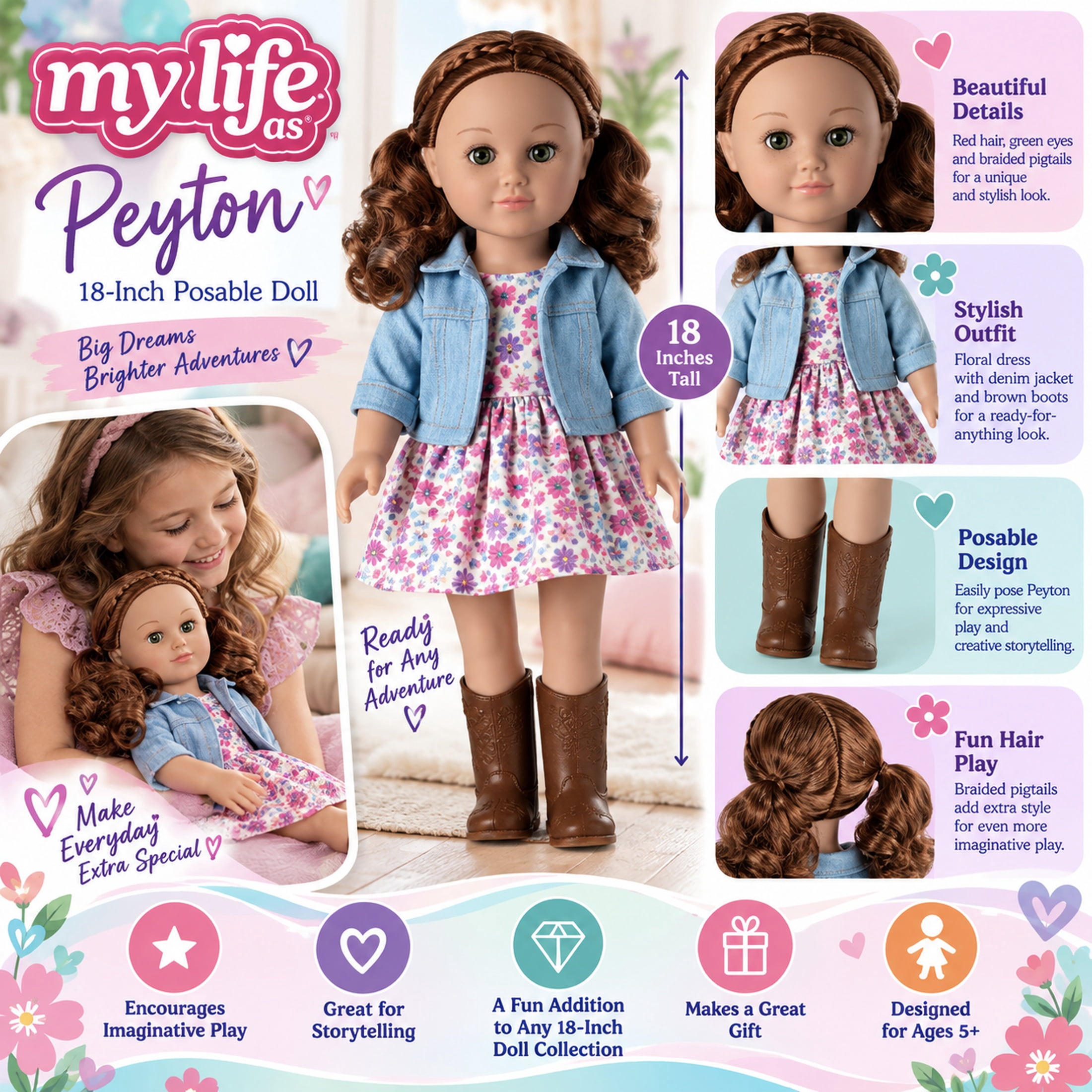 My Life As Peyton 18-Inch Posable Fashion Doll with Red Hair, Green Eyes, Floral Dress, Denim Jacket & Boots