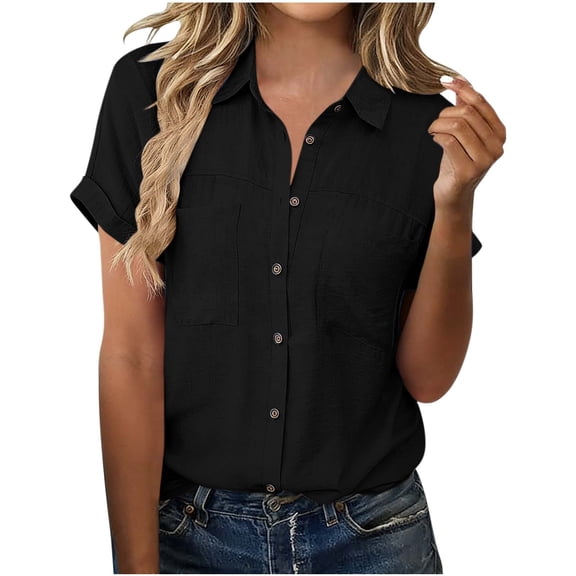Womens Short Sleeve Button Up Shirt, Relaxed Fit Casual Work Shirt, 100% Polyester Wrinkle Resistant Top with Pockets, for Women Casual Work Office, Black,Size 2XL