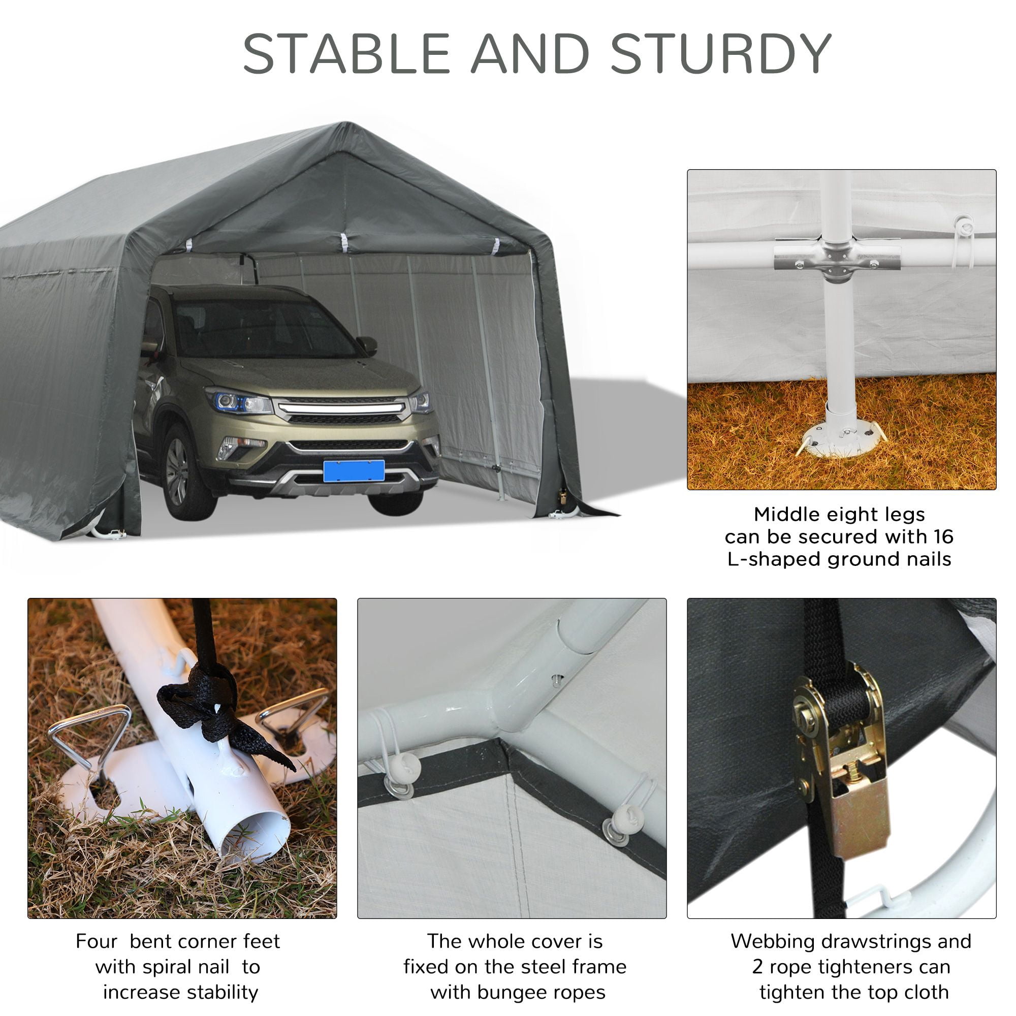 Outsunny 12' x 20' Portable Carport Garage, Heavy Duty Galvanized Steel Frame with UV-Resistant PE Cover, Gray Outdoor Storage Tent for Car, Garden Tools & Motorcycle, 236"x142"x108"