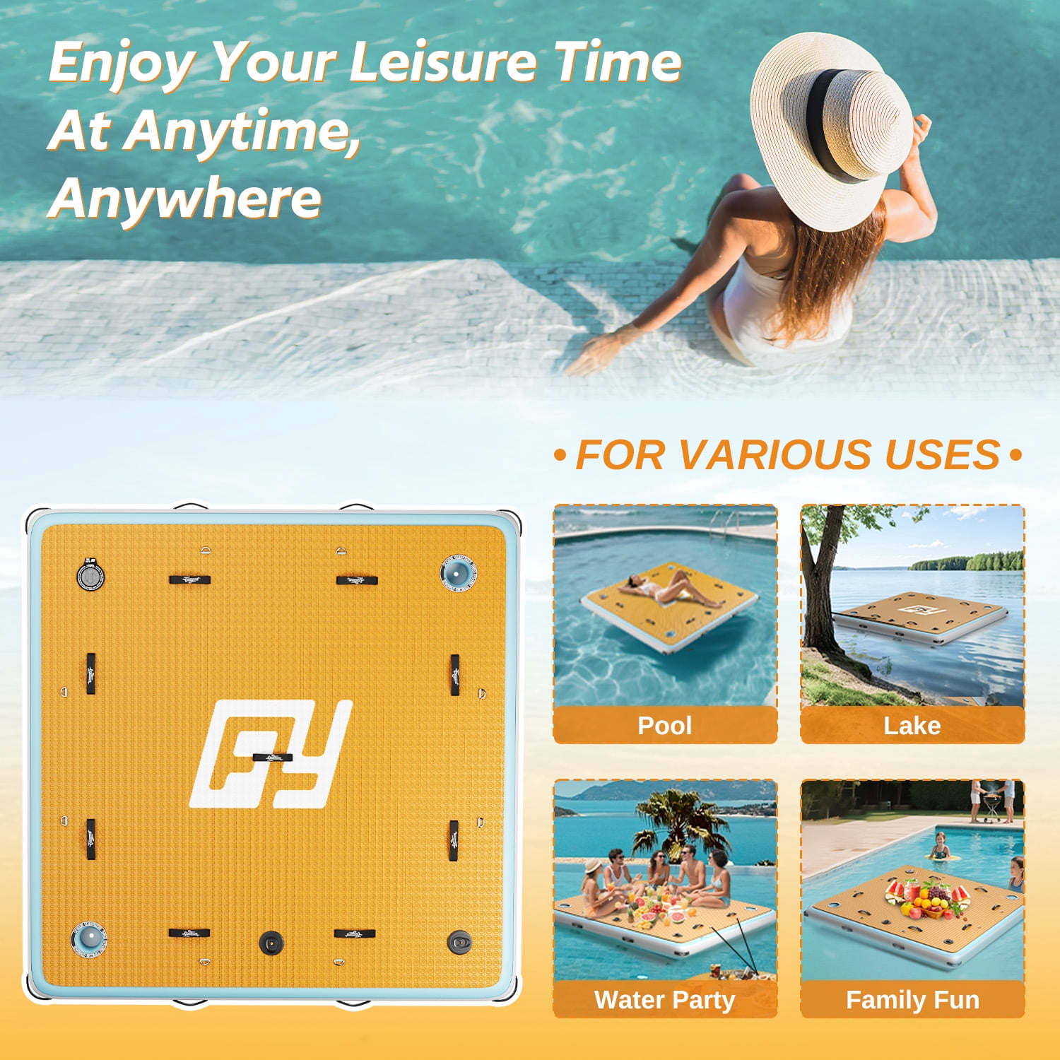Inflatable Floating Dock | 7x7ft Inflatable Floating Island | Built-in Cup Holders & Action Camera Mounts | 12mm EVA Non-Slip Foam Deck | Inflatable Patio Dock for Lakes, Pools, Boats |