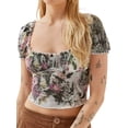 thumbnail image 1 of Kmbangi Women Summer Short Sleeve Crop Tops, Solid Color/ Floral Print Ruched Basic T-shirts for Causal Party Streetwear, 1 of 6