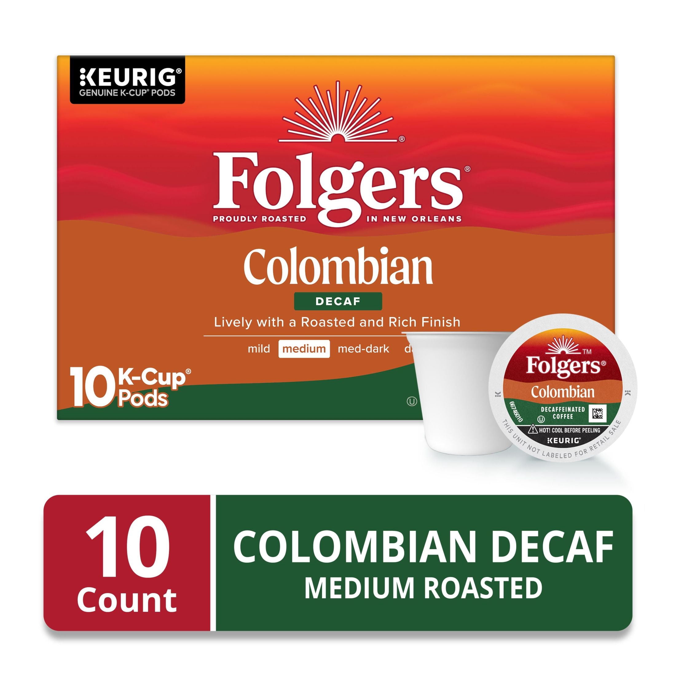 (2 pack) Folgers Colombian Decaf Coffee, Medium Roast, Keurig K Cup pods, 10 Count Box
