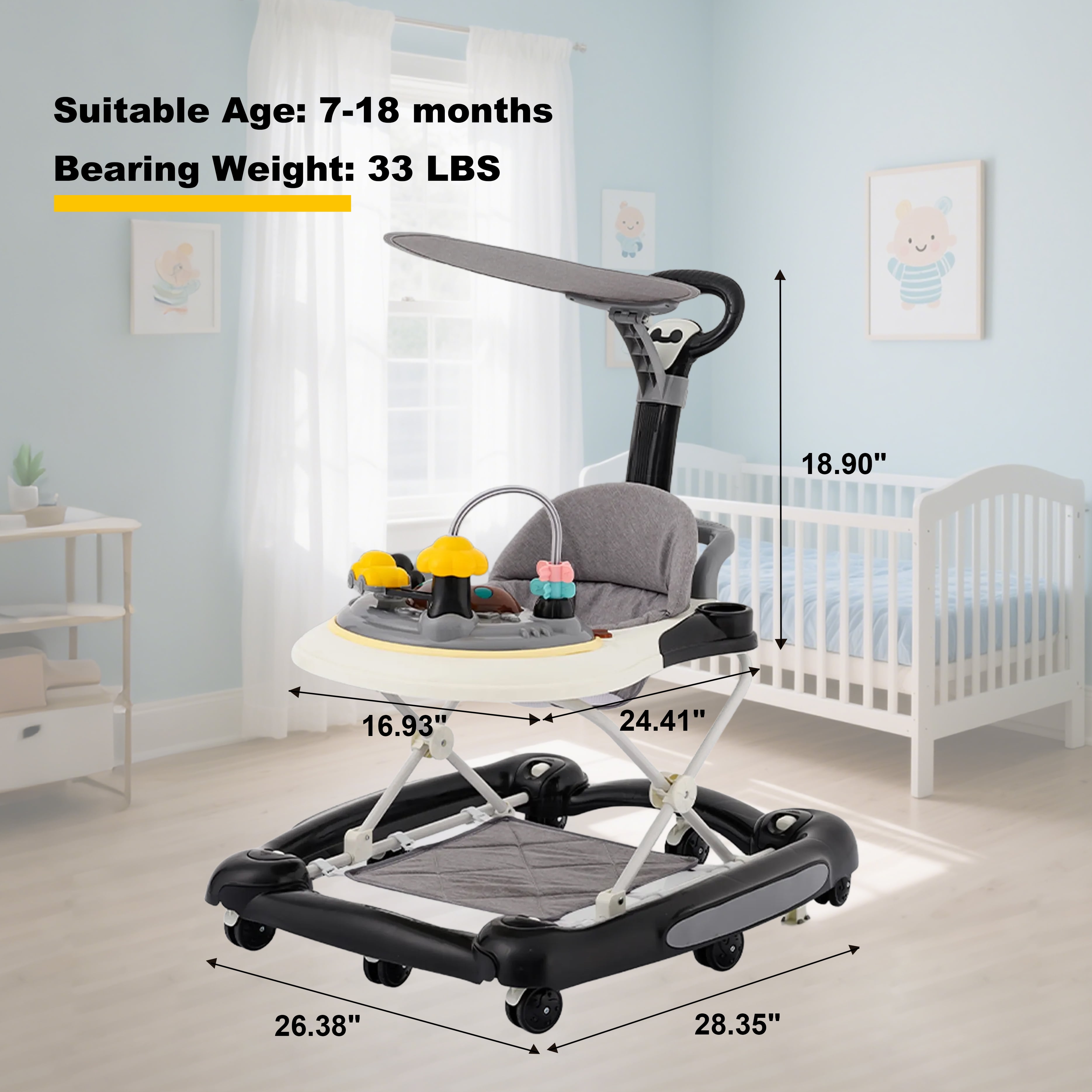 HDUTNGISN 5-in-1 Black Adjustable Baby Walker with Wheels for Boys & Girls