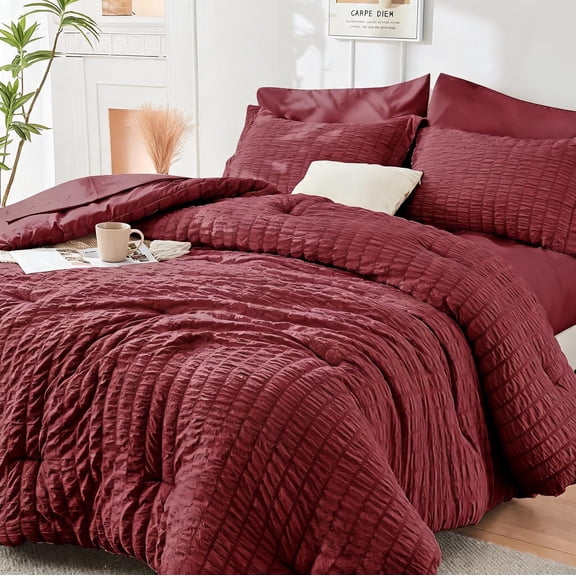 Burgundy Queen Comforter Set Seersucker 7-Piece All-Season Bedding Set with Comforter Sheets Pillowcases and Shams