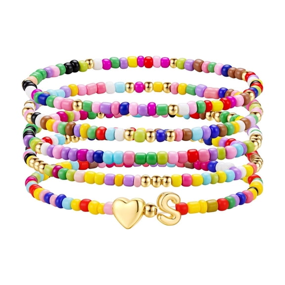 5-Piece Colorful Beaded Initial Bracelet Set for Girls, Cute Stretch Heart Letter Jewelry