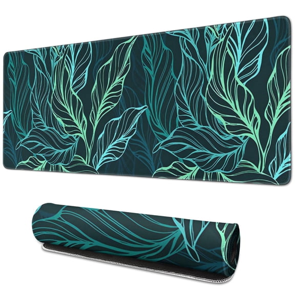 Extended Large Gaming Mouse Pad with Teal Tropical Leaves Print - Waterproof, Stitched Edges, Non-Slip, XL Size Perfect for Your Computer Keyboard and Laptop - 31.5 x 11.8 Inch