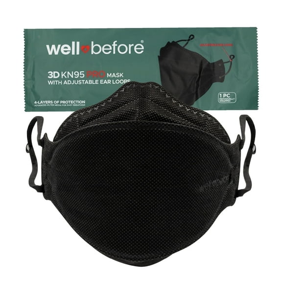 WellBefore Premium KN95 Disposable 4Ply Face Masks, Pack of 10, Small, Black, Individually Wrapped, Adjustable Ear Loops, Aluminum nose pin, 3D-Style