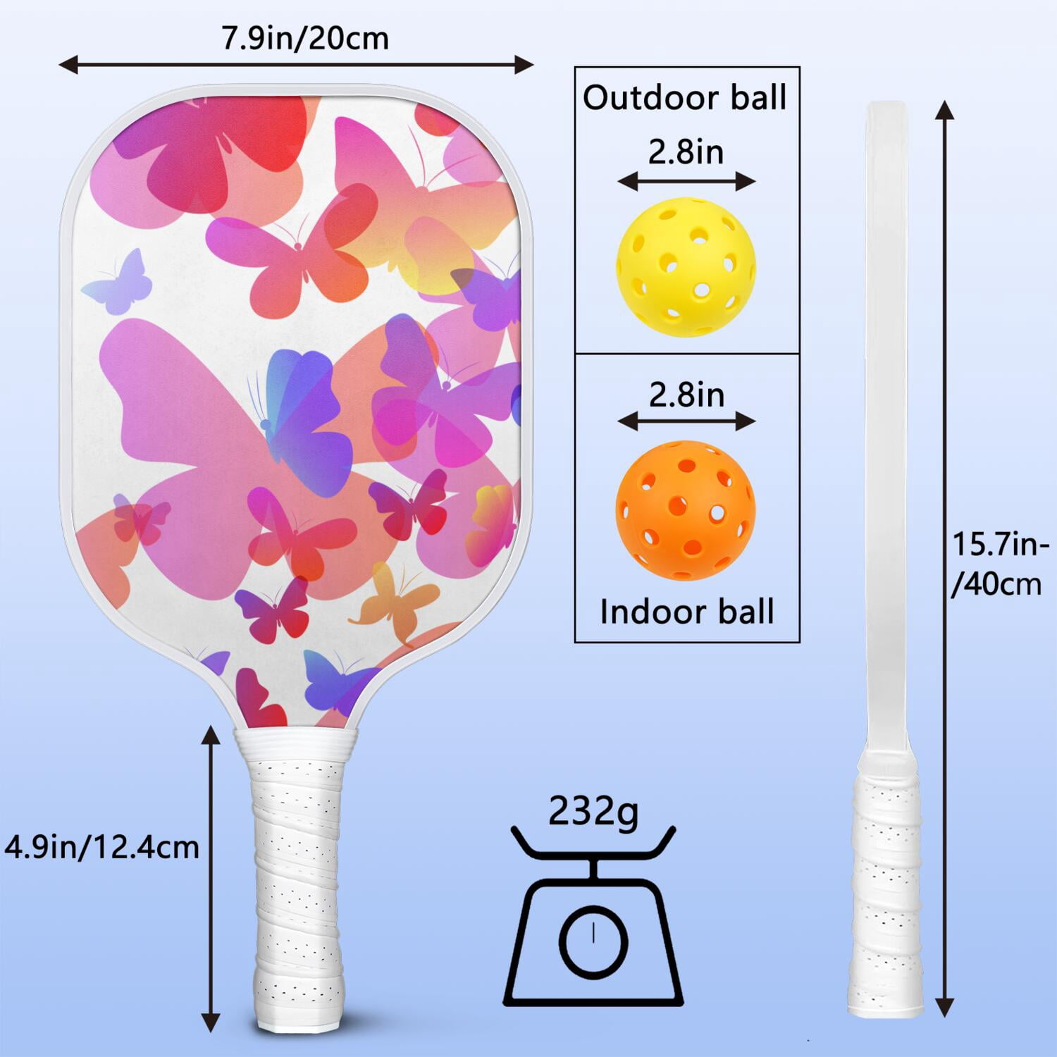 Pickleball Paddles Set Of 2, Fiberglass Surface, Butterfly, Spring Print, 4 Balls & Bag