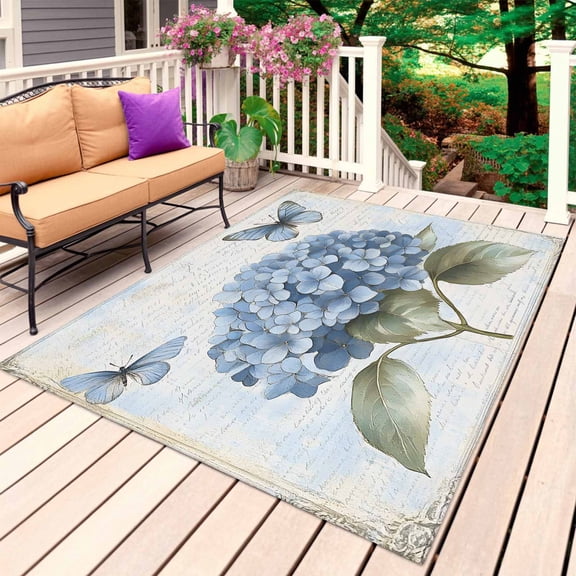 Blue Hydrangea Retro Outdoor Rug 3x5 Ft, Non Slip Washable Area Rug, VintageBotanical Floral Blossom Patio Rugs Carpet Runner, Large Floor Mat for Indoor/Outdoor Deck Porch Camping