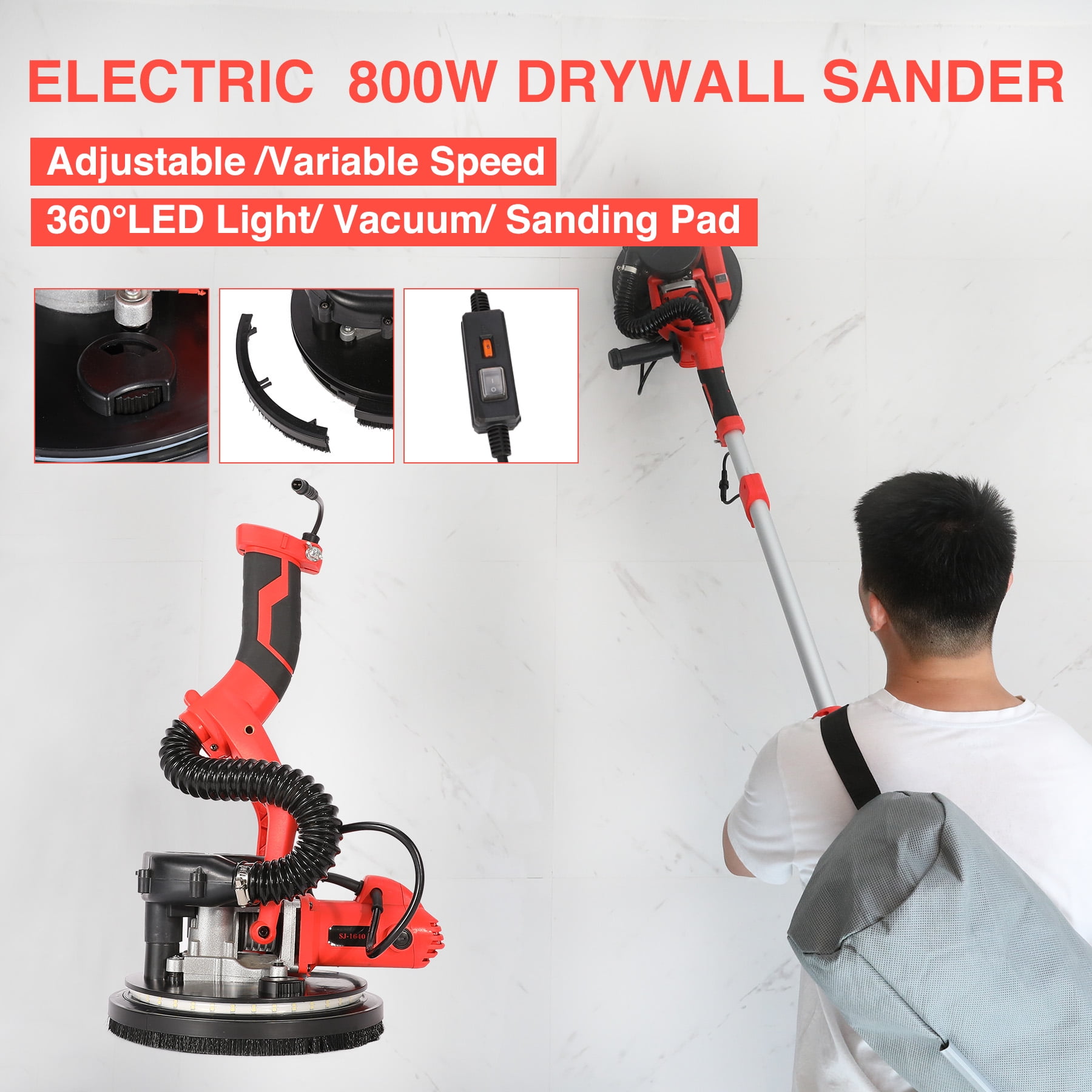 Electric Drywall Sander Tool 800W Variable Adjustable 5-Speed Sand Pad+LED Light 