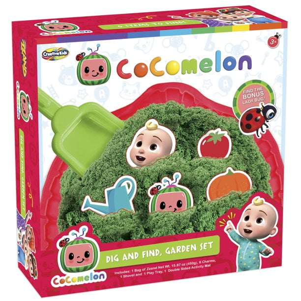 CoComelon Dig & Find Garden Set- 9 Piece Sand Activity for Kids with Reusable Tray, Shovel and Charms