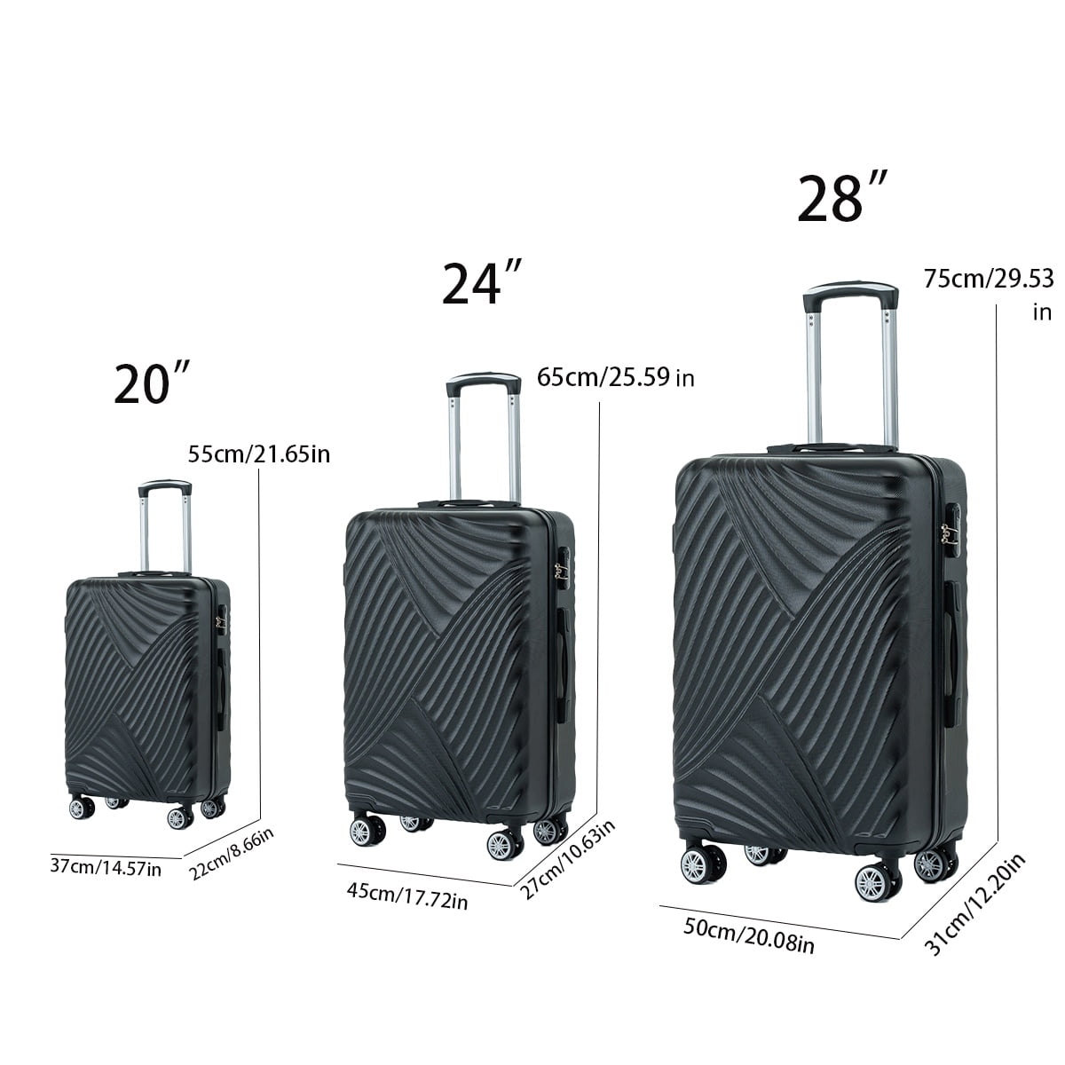 Resenkos 3Pcs Traveling Luggage Set, Portable Large Capacity Luggage Bags for Travel, Rolling Storage Suitcase with 28" Dust Cover, Black, 20"+24"+28"