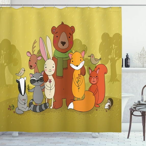 Forest Shower Curtain, Animals of the Forest with Deer Raccoon Deer Birds Squirrel Friendship Companionship, Fabric Bathroom Set with Hooks, 69W X 84L Inches Extra Long, Multicolor, by Ambesonne