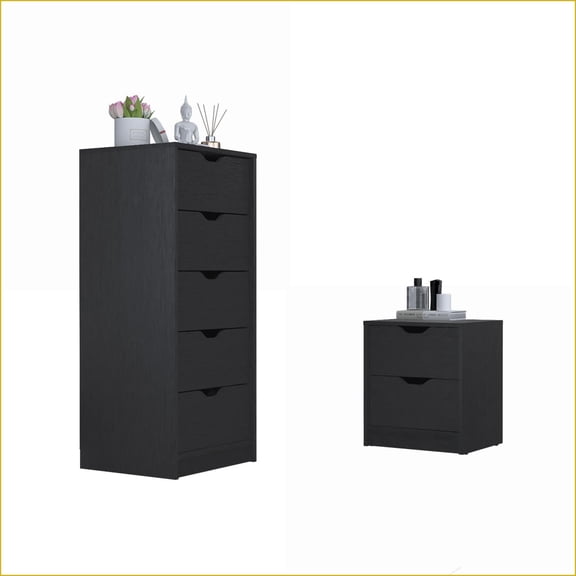 Bedroom Furniture Set 2 Piece Nightstand   Dresser Modern Black | Particle Board | Black