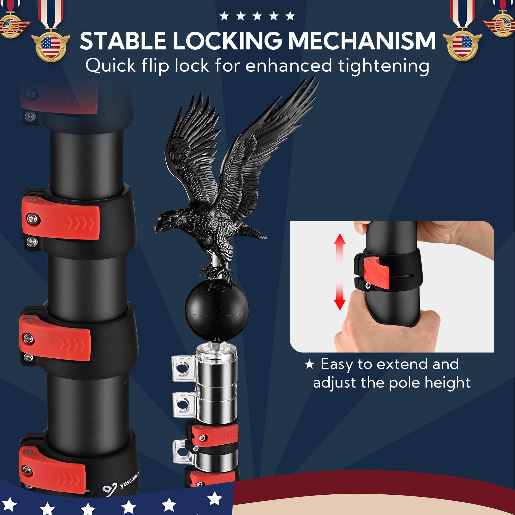 Yescom EZ GO 20ft Eagle Topper Telescopic Flag Pole Kit Upgraded Rotating Lock Outside 3x5' US Flag Ball Final Black
