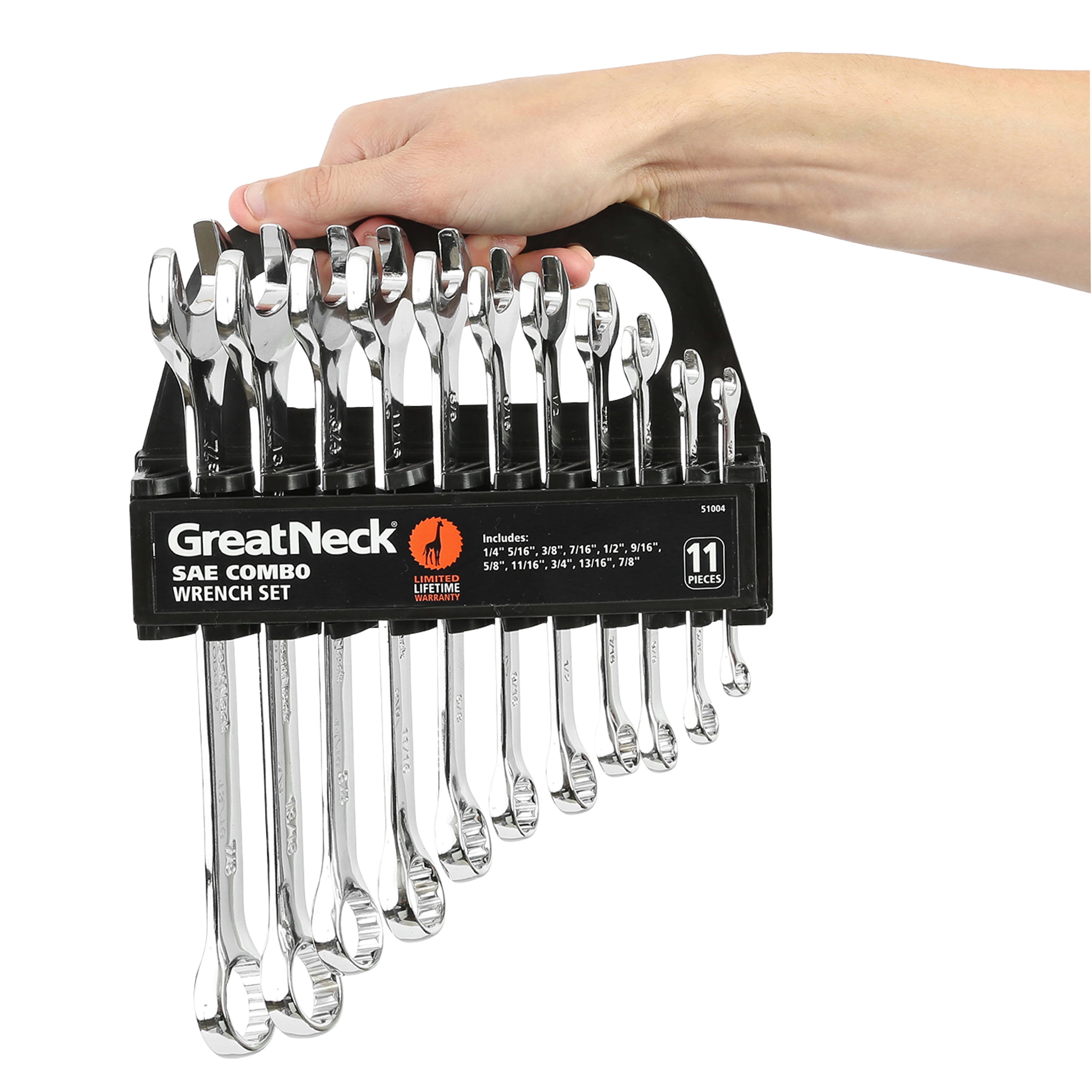 GreatNeck Combination Wrench SAE Set with Rack, Drop Forged Steel, 11 Piece