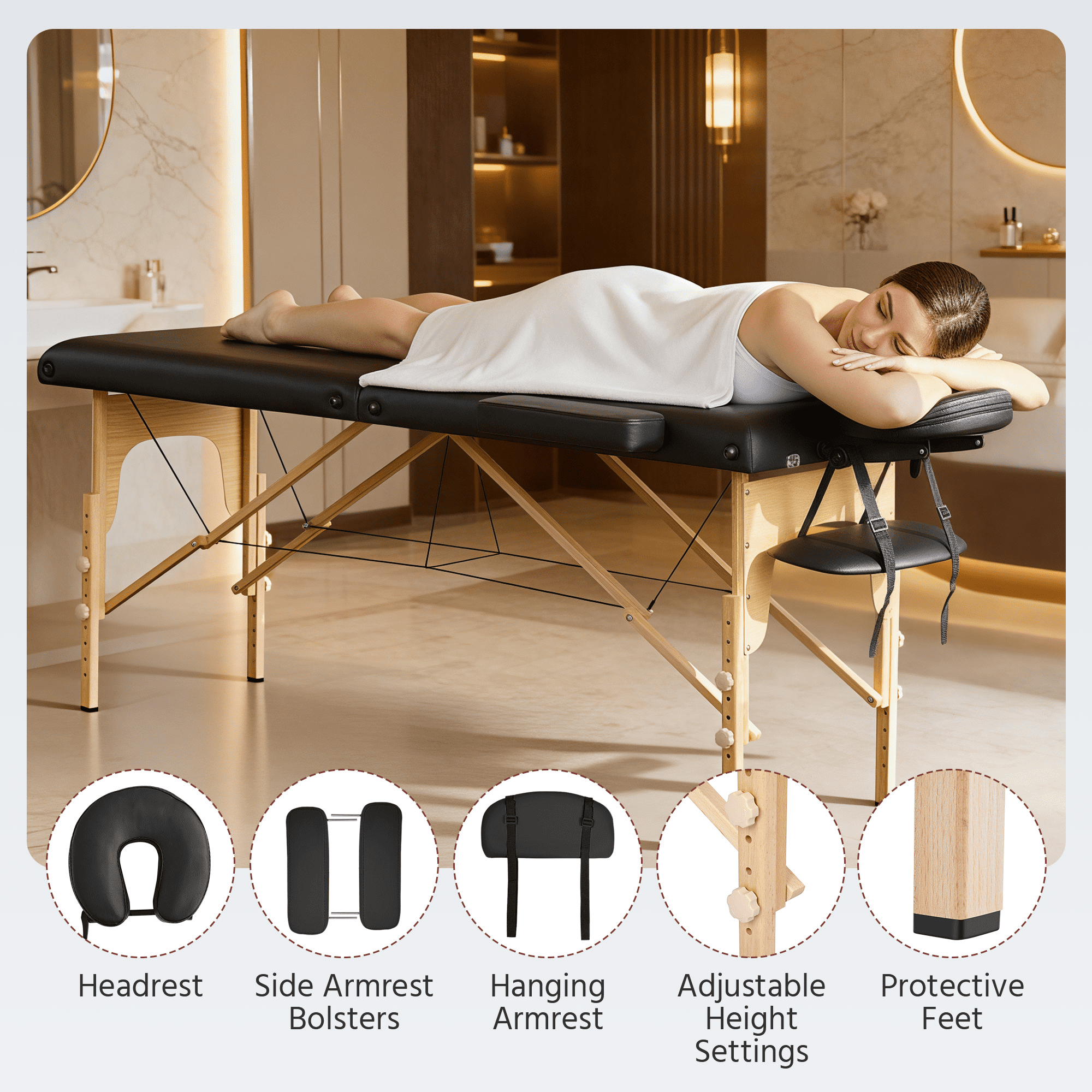 Alden Design 2 Section Adjustable and Foldable Wooden Massage Table, 84" x 30.5", Black