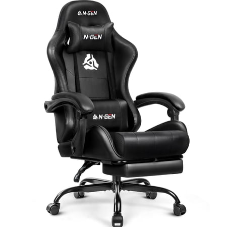 N-GEN GAMING Gaming Chair with Footrest, Lumbar Support, High-Back, All Black