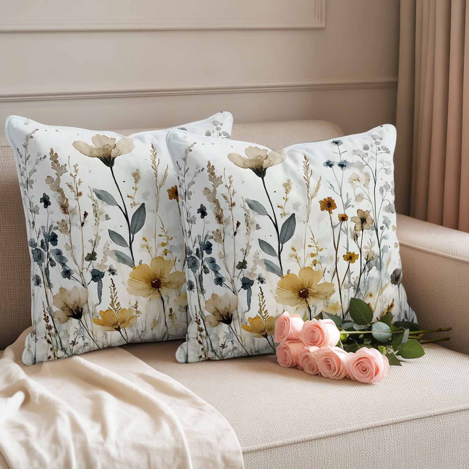 Watercolor Botanical Floral Outdoor Waterproof Pillow Covers, Farmhouse Garden Decorative Square Throw Pillowcase Sofa Cushion Sham for Patio/Couch/Chair, 18"x18" 2 Pack