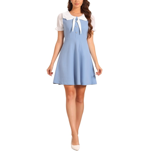 Vestidos de A-Line Mini de Manga Corta con Cuello Peter Pan para Mujeres Chic Inspire S Azul