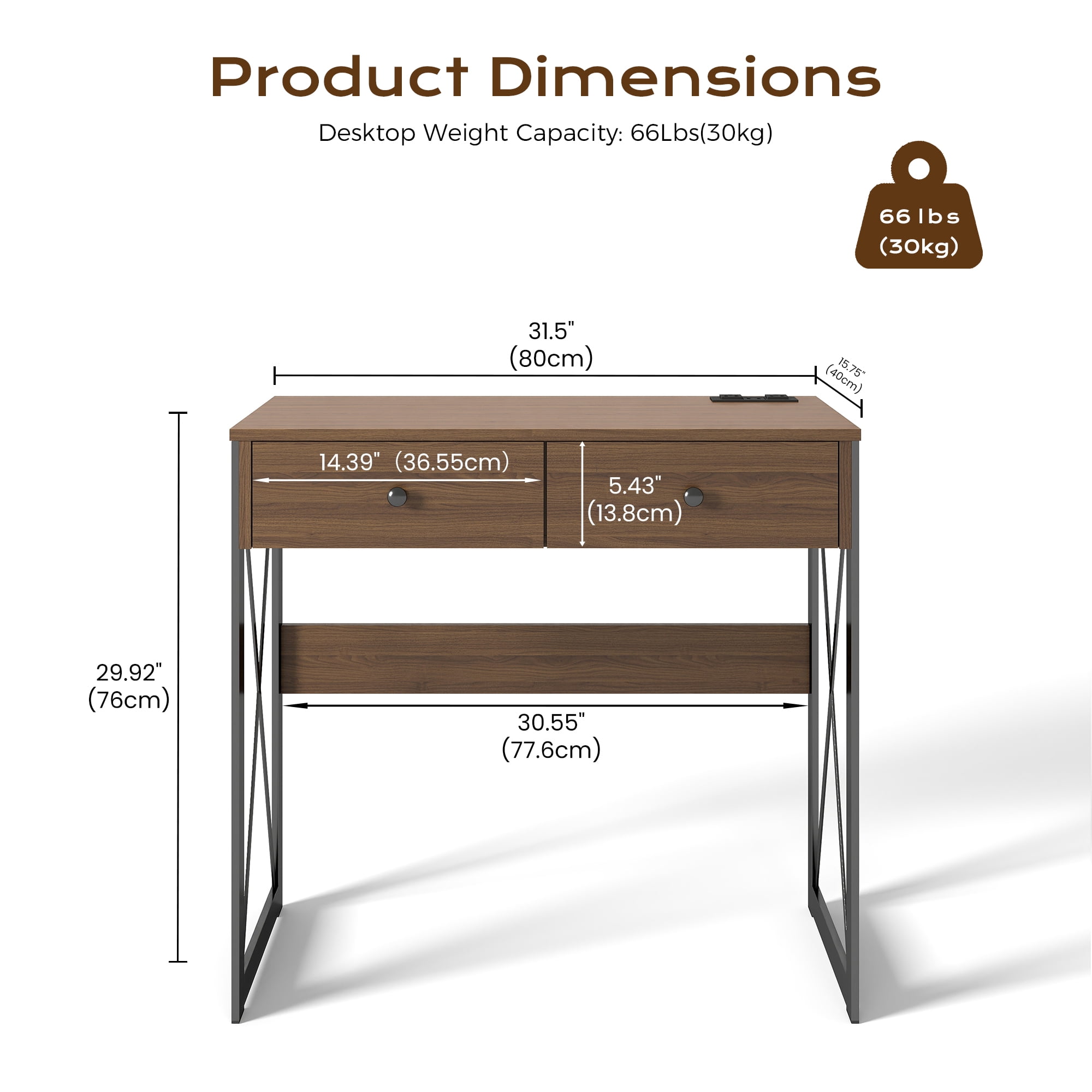 Manora Home Office Desk, Computer Desk Small PC Table with 2 Drawers, X Shaped Legs, Walnut