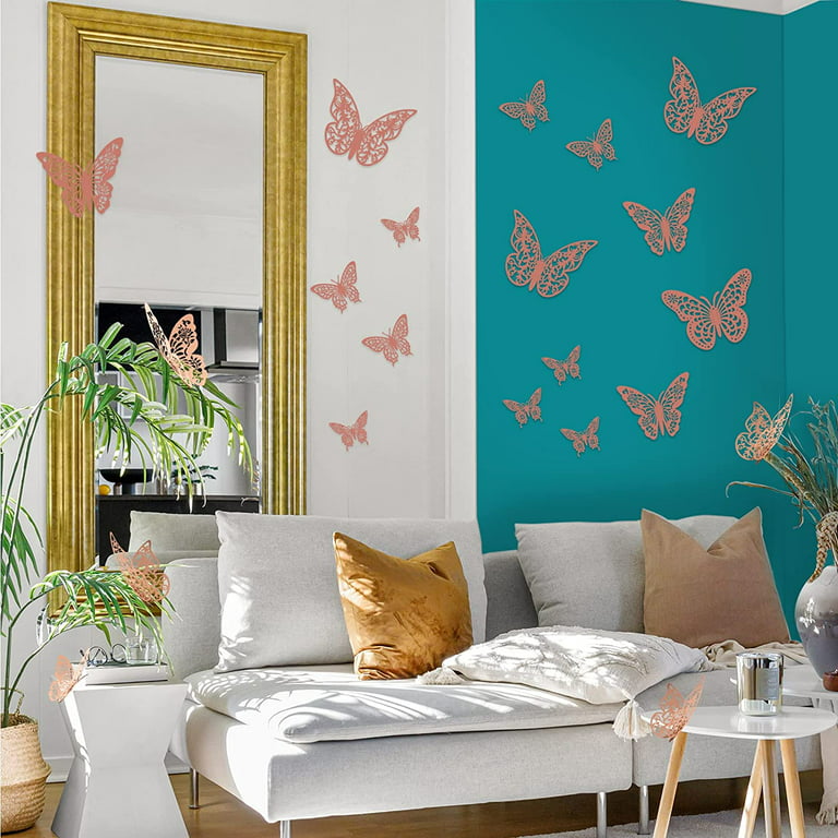 3D Butterfly Wall Stickers, 72PCS Rose Gold Butterfly & Gold