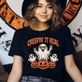 thumbnail image 3 of Creepin’ It Real Ghost T-Shirt | Funny Halloween Pumpkin Graphic Tee, Azalea, Size M, 3 of 6
