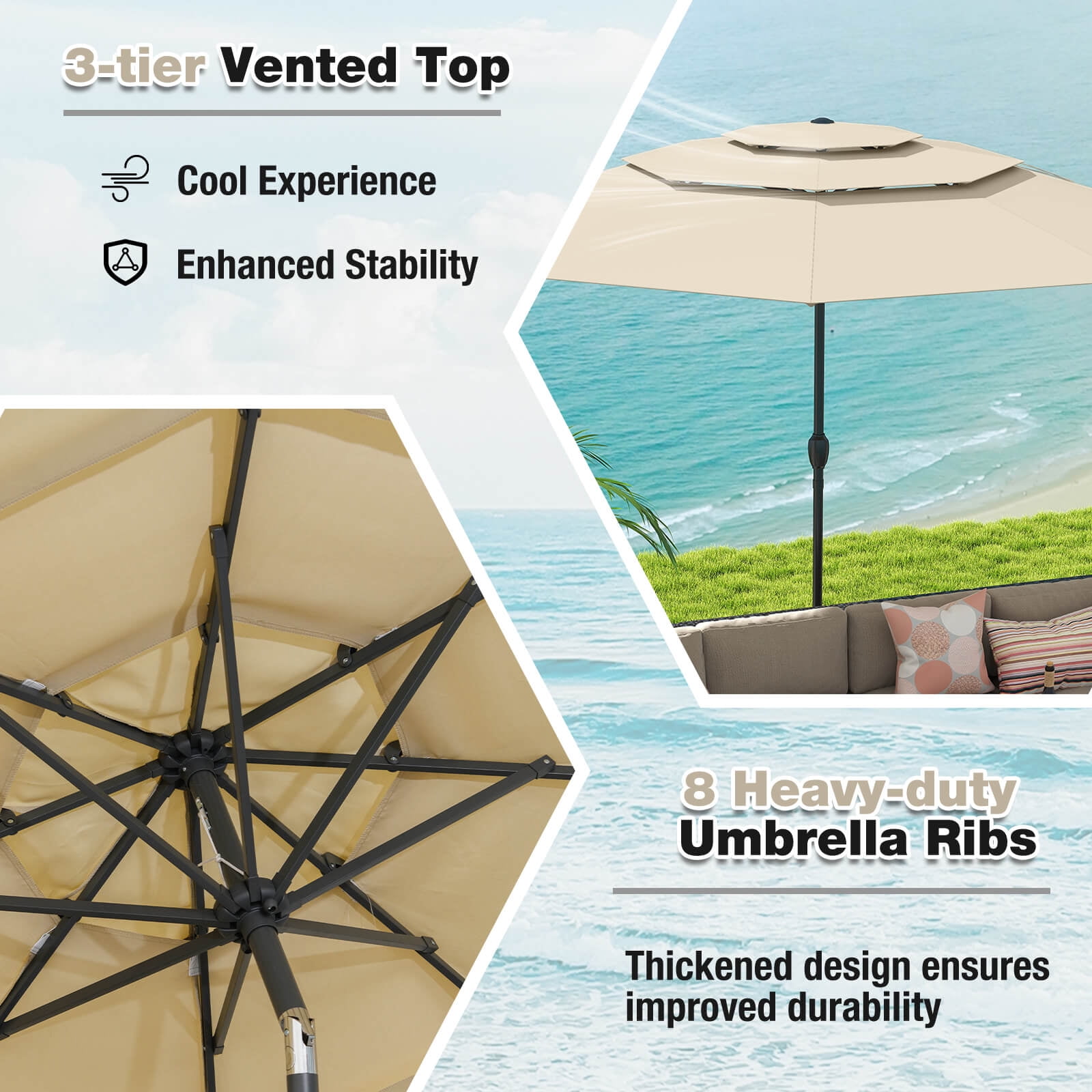 Costway 10 ft 3-tier Vented Patio Umbrella Large Market Table Umbrella Outdoor Sun Shade Beige