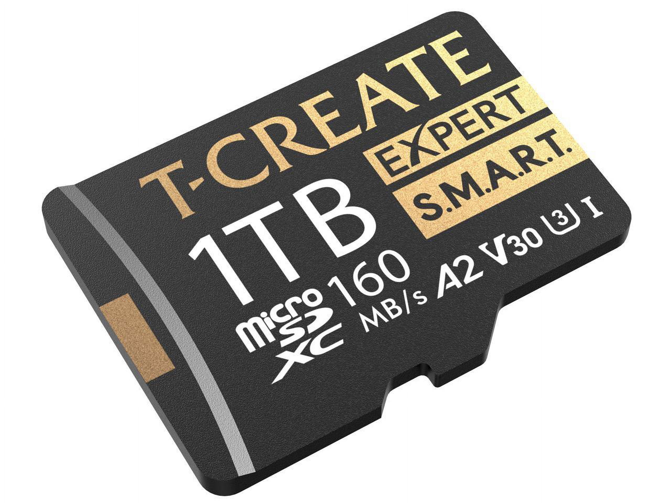 TEAMGROUP 1TB T-Create Expert S.M.A.R.T Monitored A2 microSDXC UHSI-I/U3 V30 4K High speed memory card with adapter, Compatible with GoPro, Insta360, Speed up to 160MB/s (TTCS1TIA2V3003)