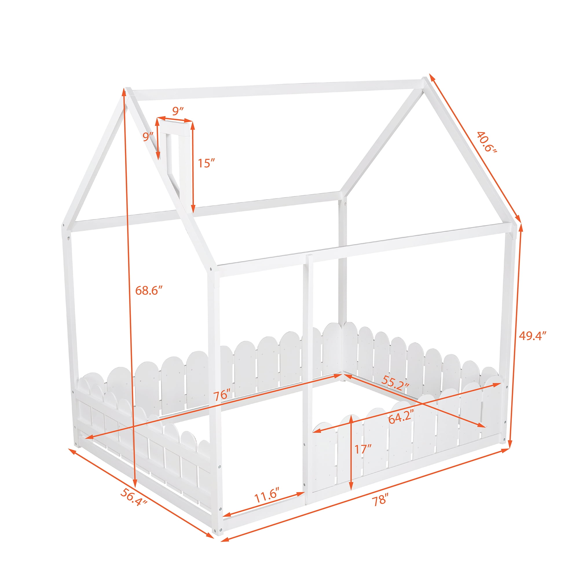 Full Size Fence Bed Frame, Cabin Bed, Floor Bed, House Bed, Kids Bed with Roof and Fence, for Kids/Teens (White )