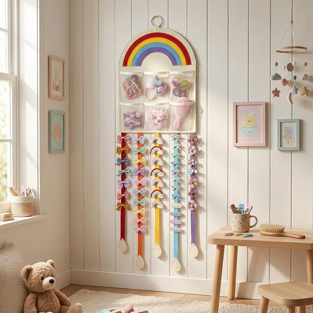 Soporte de pared para lazos, organizador de lazos, decoración de pared estilo boho, colgador de pared decorativo para sala de estar beige